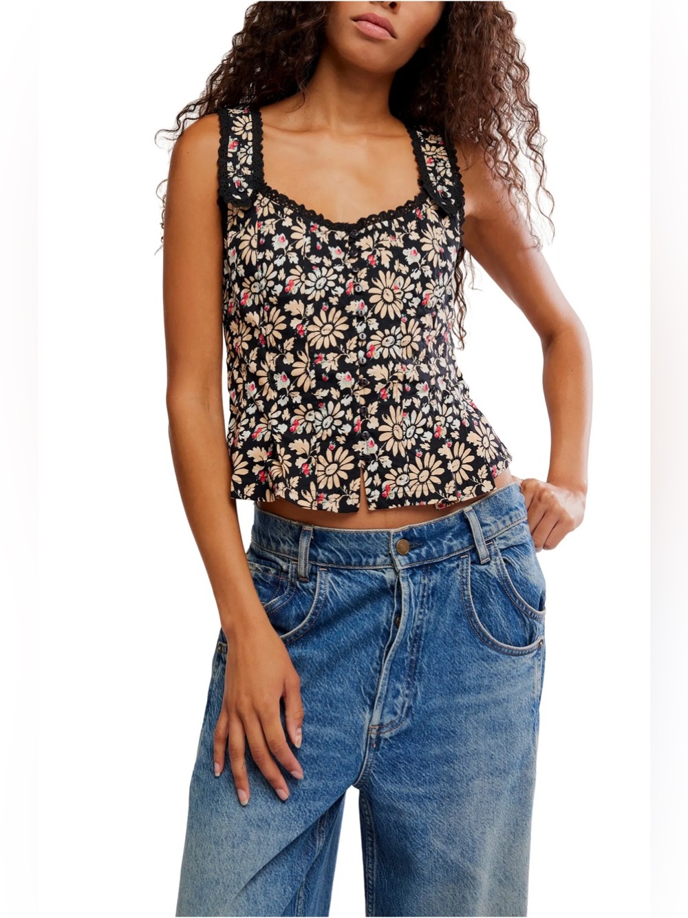 Free People Bridgette Corset Peplum Tank Top XS Black Floral Boho Retro Hippie